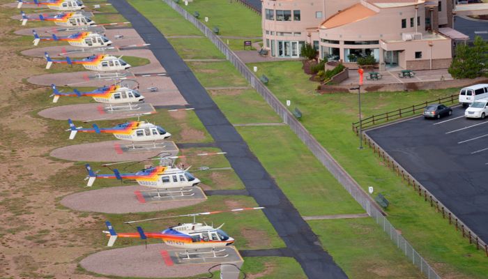 Several helicopters parked at the Grand Canyon South Rim terminal